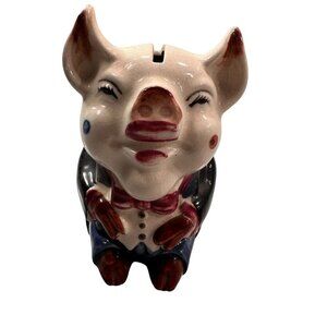 Piggy Bank Occupied Japan Vintage Ceramic Mid Century Bow Tie Tuxedo  Coin Slot